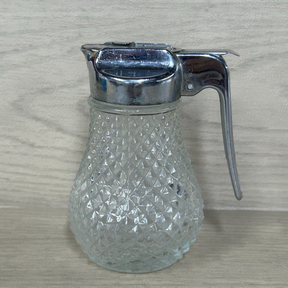 Vintage Diamond Cut Glass Diner Syrup Sugar or Honey Container Dispenser Bottle - Picture 1 of 8